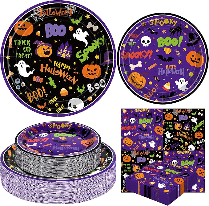 150PCS Halloween Paper Plates and Napkins Set, Cartoon Halloween Decor - skull plate