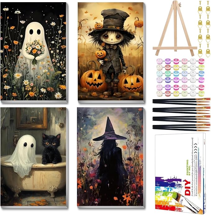 Mandun Halloween Paint by Numbers Kit for Adults, 4 Pack, 7.8x11.8 inch - skull painting