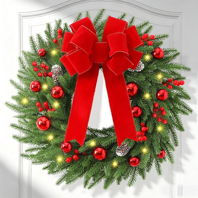 24” Christmas Wreath with Lights, Christmas Norfolk Wreaths for Front Door