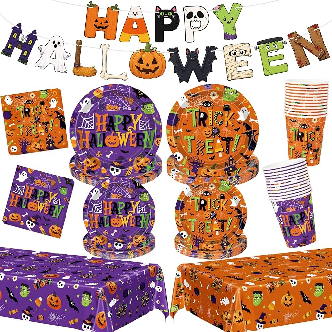 99PCS Halloween Plates and Napkins Set, Cute Halloween Decor for 24 Guests - skull plate