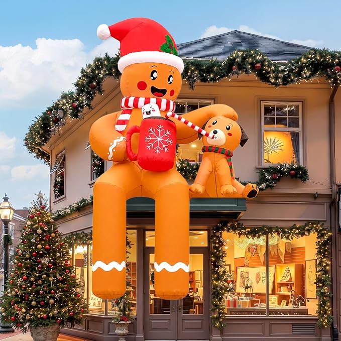 14FT Sitting Christmas Inflatables Outdoor Gingerbread Man with Dog & Cup - skull inflatable
