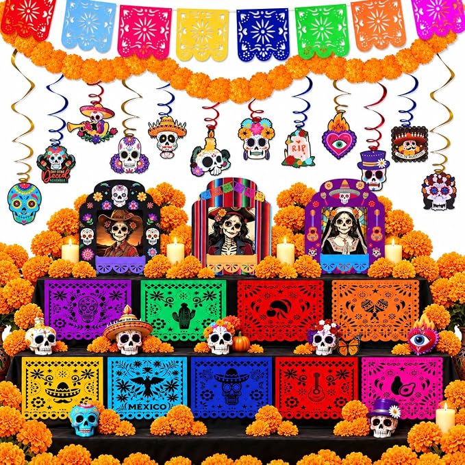 97 Pcs Dia De Los Muertos Decorations Set Day of the Dead Ofrenda Decor - skull carpet