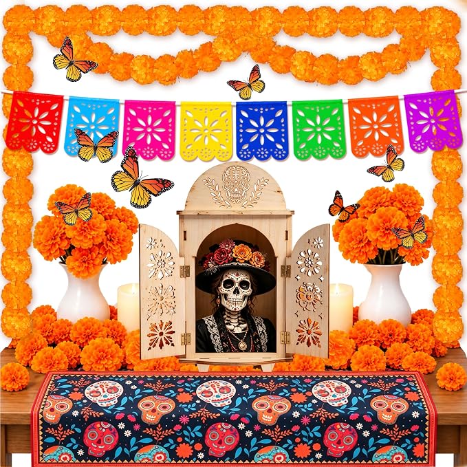 74 Pcs Dia De Los Muertos Decorations Day of the Dead Ofrenda Kit - skull carpet