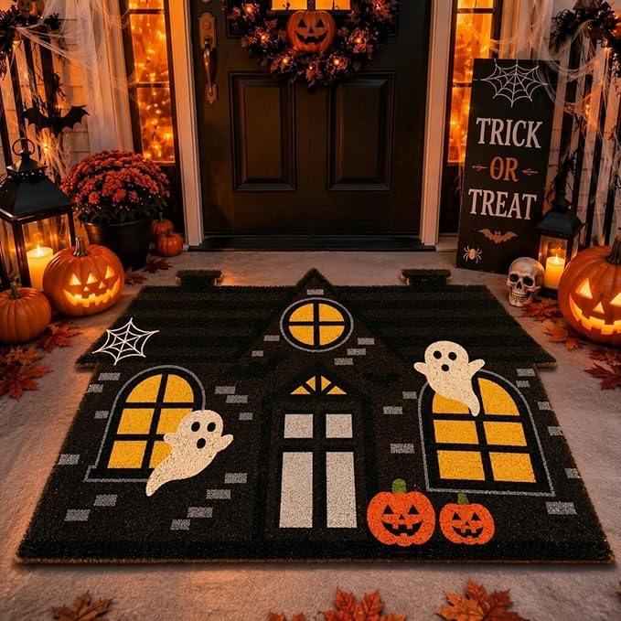 Halloween Haunted House Coir Doormat Non-Slip 30 x 18 Inch - skull floor mat
