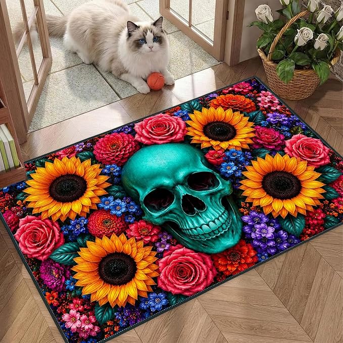 Gothic Skull Area Rug 2x3, Turquoise Blue Sugar Skull Rectangular Floor Mat - skull toilet mat