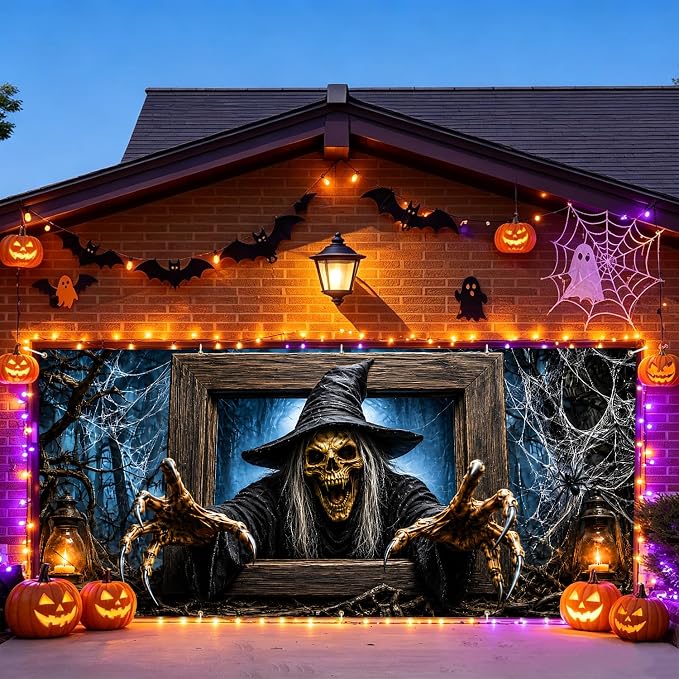7x16FT Halloween Skull Garage Door Banner Skeleton Skull Lamp Happy Hallowen Garage Door Cover Decoration for Hallowen Decoration