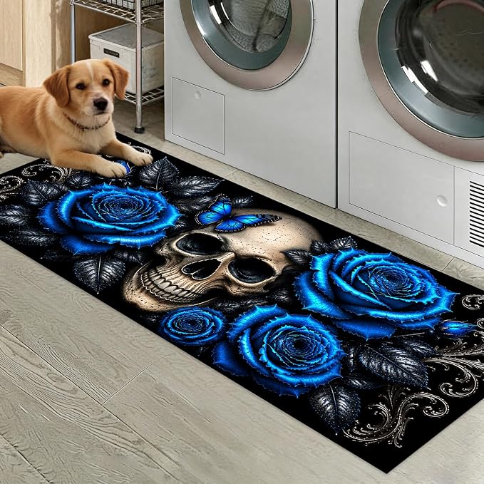 Gothic Skull Laundry Room Runner Rug 47"x20", Dark Fantasy Skeleton Floor Mat, Vibrant Royal Blue Rose Flower Long Carpet with Butterfly for Kitchen Hallway Entryway Witchy Home - skull floor mat