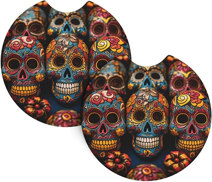 2 Pack Car Cup Coaster Colorful Sugar Skulls Automotive Cup Holders Coasters Non-Slip Neoprene Auto Cup Pads Universal Car Interior Accessories for Women Men Cup Mat - skull coaster