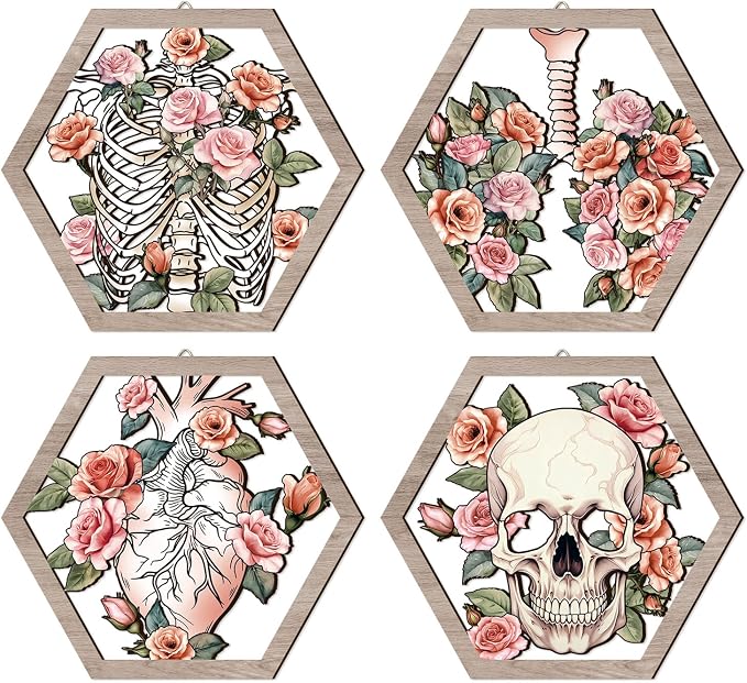 HPNIUB Medical Human Anatomy Wall Decor, Farmhouse Medical Anatomical Hanging Wooden Wall Art, 4 Pieces Pink Floral Heart Skull Anatomy Wood Sign for Nursing Doctor Room Living Room(11”x9.8”)