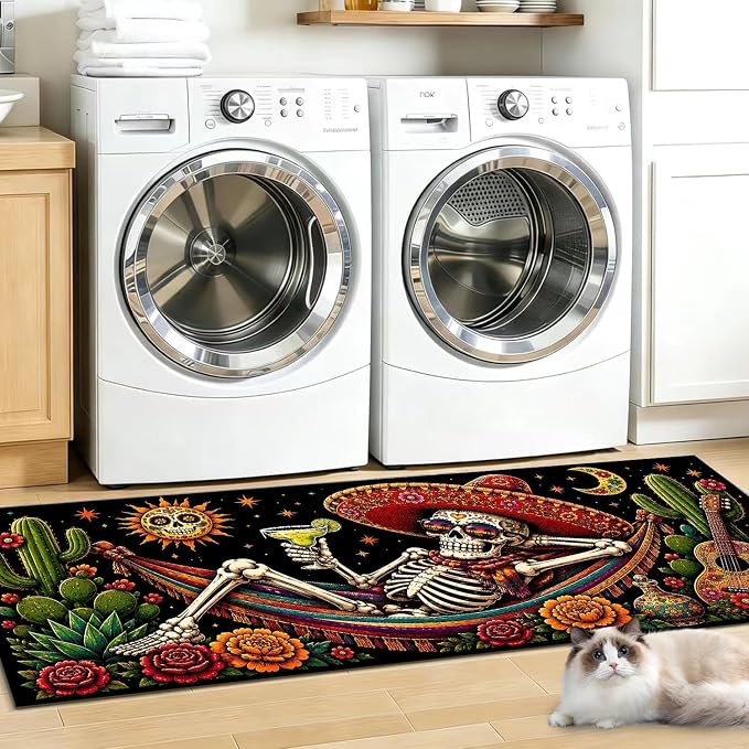 Mexican Skeleton Laundry Room Runner Rug 47"x20", Funny Sugar Skull Floor Mat, Vibrant Cactus Guitar and Sombrero Long Carpet with Cocktail for Kitchen Hallway Entryway Home Decor Accent - skull floor mat
