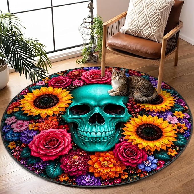 Gothic Skull Round Rug 4ft, Turquoise Blue Sugar Skull Area Rug Floor Mat - skull wreath