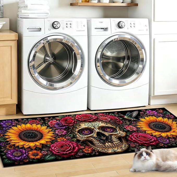 Mexican Sugar Skull Laundry Room Runner Rug 47"x20", Gothic Day of the Dead Floor Mat, Yellow Sunflower and Rose Flower Circle Cluster Long Carpet with Hummingbird for Kitchen Hallway Entryway - skull floor mat