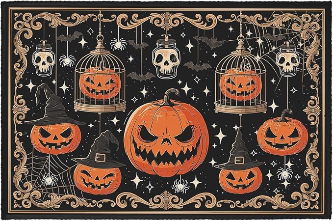 Retro Halloween Rug Spooky Pumpkin Kitchen Rug Spider Web Skull Area Rug 24x35 Inch Non Slip Backing Bathroom Rug Washable Carpet for Living Room Bedroom Hallway Entrance - skull toilet rug