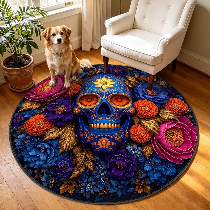 4ft Round Area Rug, Sugar Skull Floral Pattern Decorative Carpet - skull toilet rug