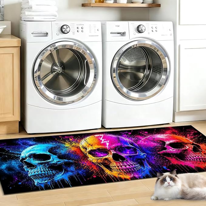 Gothic Skull Laundry Room Runner Rug 47″x20″, Heavy Metal Skeleton Floor Mat, Vibrant Neon Pink Cyan Purple Ink Splash Long Carpet for Kitchen Hallway Entryway Punk Home Decor Accent