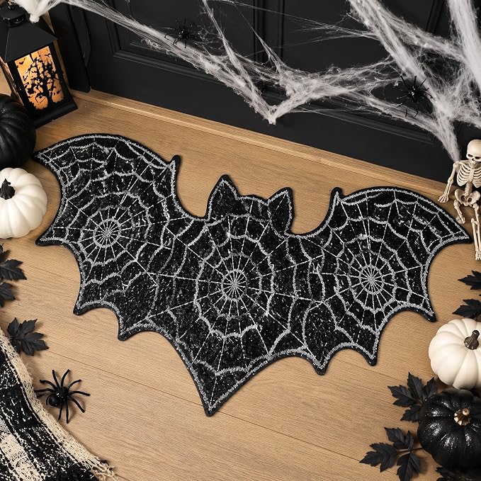 Tinideya Halloween Bat Doormat, Black Spiderweb, 27.5 x 15.7 Inch - skull door mat