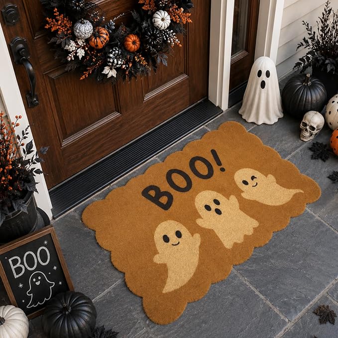 Halloween Ghost Doormat Decor, Boo Welcome Doormat-Halloween Coir Door Mat - skull door mat