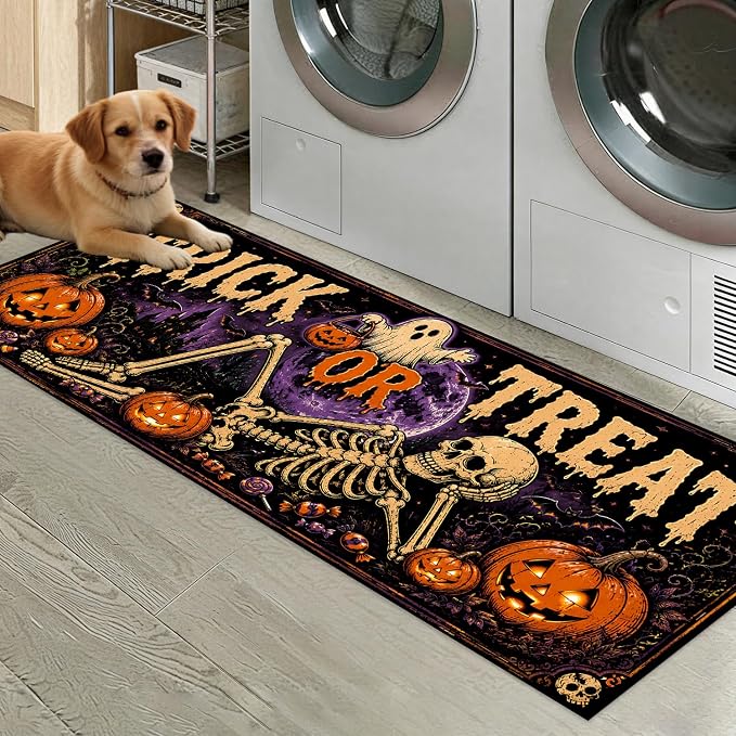 Halloween Laundry Room Runner Rug 47"x20", Waterproof Trick or Treat Floor Mat, Washable Spooky Pumpkin and Chilling Skeleton Long Carpet with Ghost for Kitchen Hallway Entryway Holiday Decor - skull carpet