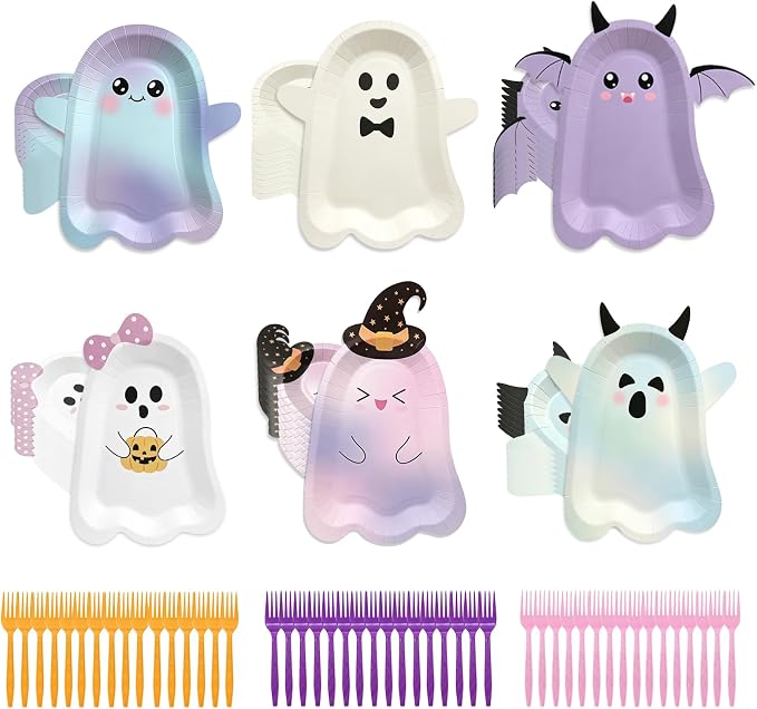 96 Pcs Halloween Plates, Cute Ghost Boo Halloween Paper Plates with Fork - skull plate