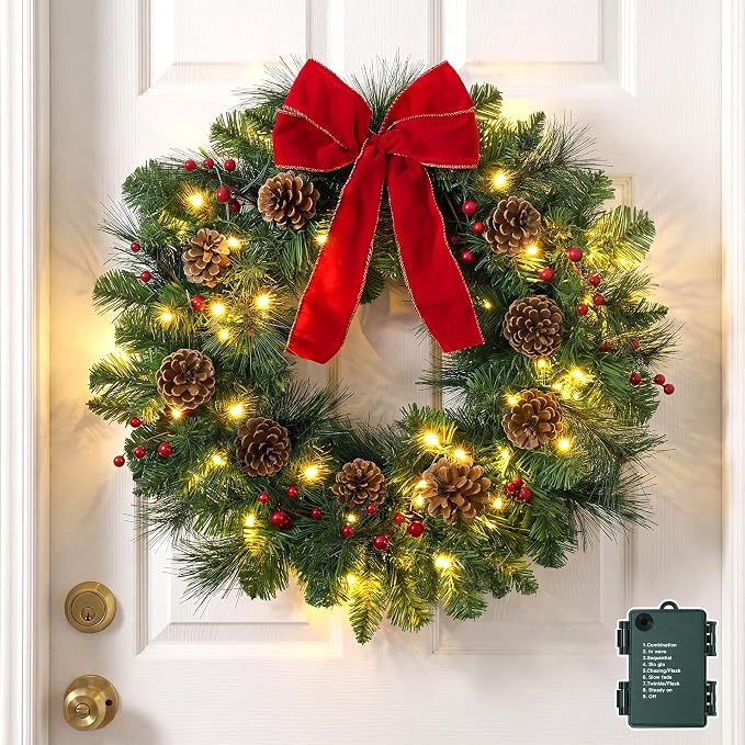 Onlly 24 Inch Christmas Wreath for Front Door, 50LEDs Warm White - skull wreath