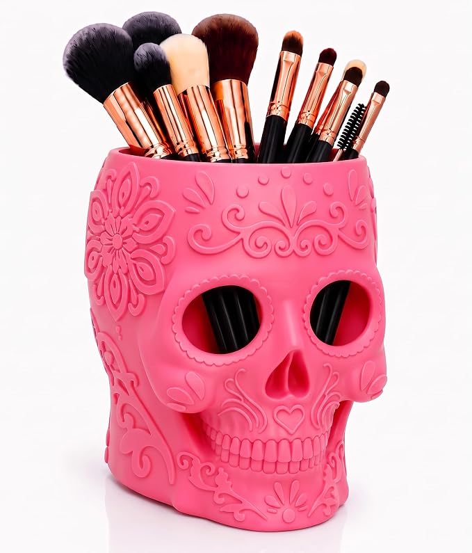 Sugar Skull Makeup Brush Holder, Makeup Organizer for Vanity, Cosmetic Brush Storage Cup, Beauty Sponge Holder, Decorative Desk Organizer for Brushes, Pens & Accessories - sugar skull makeup