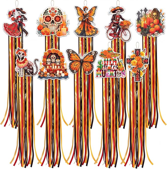 10 Pcs Day of The Dead Hanging Decor Outdoor with Colorful Fringe 4.4 ft - sugar skull ornament