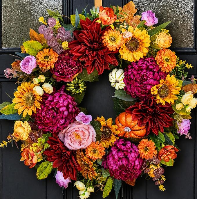 24 Inch Fall Wreath for Front Door, Artificial Harvest Fall Wreath - skull wreath