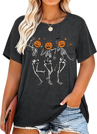 Plus Size Halloween Shirt Women Funny Graphic Short Sleeve Tops Tees - skull tshirt