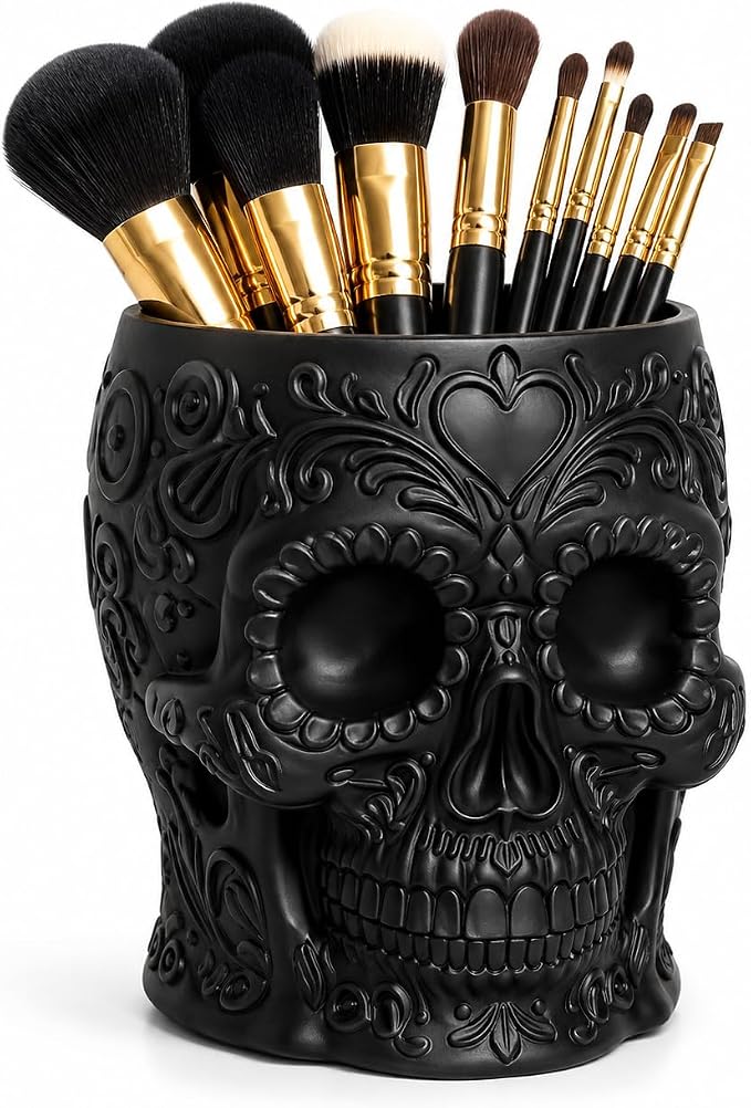 Sugar Skull Makeup Brush Holder, Gothic Desk Organizer for Makeup Brushes, Pens & Markers, Decorative Day of The Dead Pencil Holder, Vanity Storage Cup for Desk or Bathroom Counter, Black - sugar skull makeup