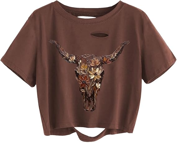 Women Western Cowboy Cowgirl Distressed Ripped Shirt Country Music Sexy Crop Short Sleeve Tee Summer Casual Tops - skull leggings