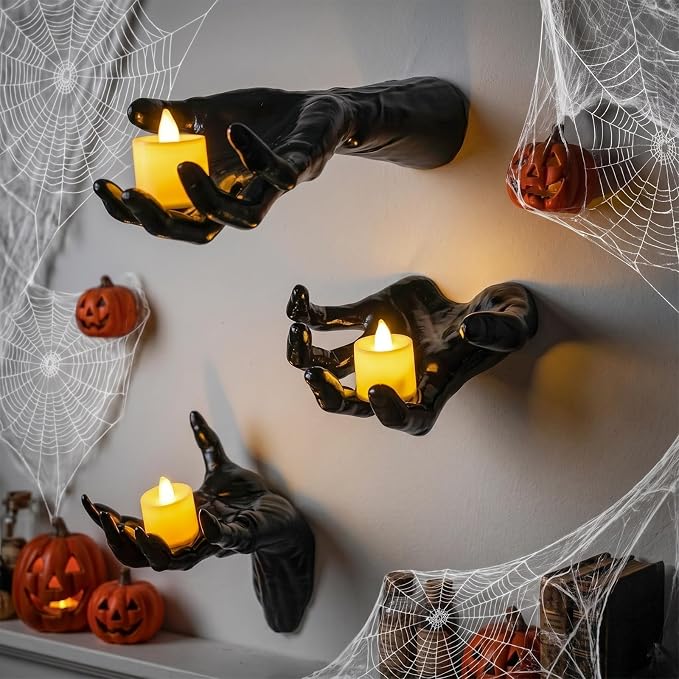 Halloween Decoration 3 Pack Black Ghost Hands Decor with LED Candles - skull wall art