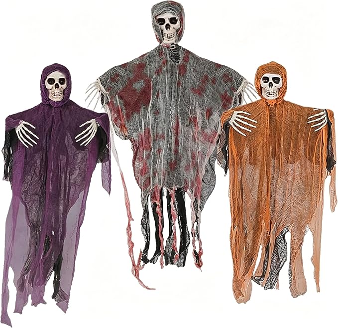 Hanging Halloween Decorations Outdoor Skeleton Ghost With 8 Modes Lights, Halloween Lighted Skeleton Ghost Set, 3 Pack 80cm Ghosts Haloween Decor,Bloody Specter for Door Outside Halloween Party Decor - string light