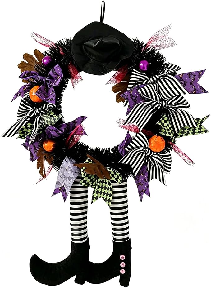 Halloween Wreath Decorations, Halloween Decor Halloween Wreaths for Front Door, Halloween Witch Wreath Decor with Hat Legs Pumpkin Halloween Hanging Decor for Door, Porch, Window, Indoor and Outdoor - skull wreath