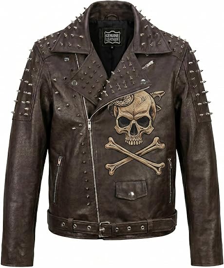 Men's Studded Spiked Skull Leather Jacket Genuine Biker Rockstar Coat - skull jacket