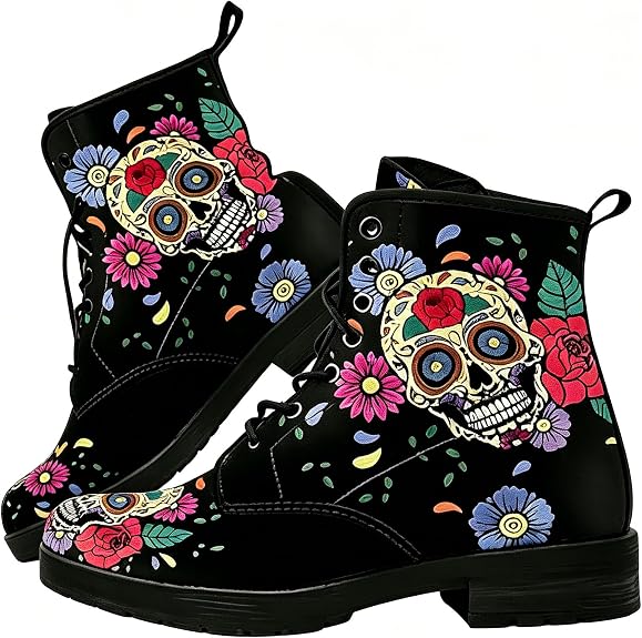 Women’s Print Ankle Booties Flat lace-up Colorful shoes Color-blocked Short Combat Boots Platform Lightweight Leather with Jeans Dress Skirts Travel Party Halloween - sugar skull costume