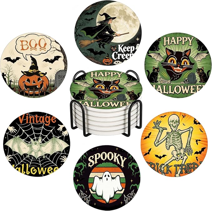 Halloween Vintage Coasters Set of 6 for Drinks, Round Absorbent Ceramic Stone Coaster with Cork Base, Halloween Theme Coaster with Metal Holder for Coffee Table Home Decorations Party Gifts - skull coaster