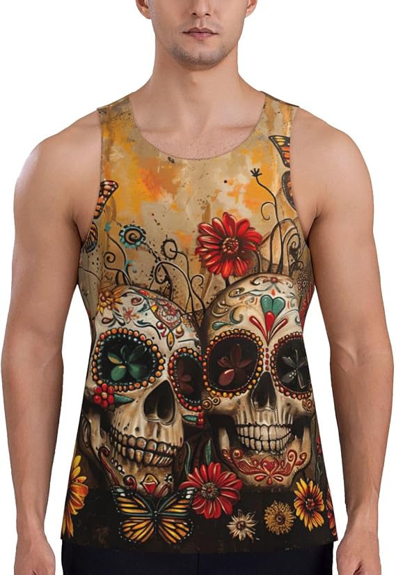 Mens Sleeveless Sugar Skulls Butterfly Print Workout Tank Tops Summer Gym Tank Tops Beach Athletic Shirts - skull tank tops