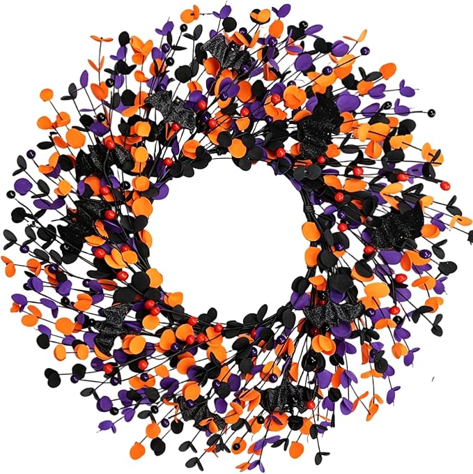 Boxwood Halloween Wreaths ，20 Inch Black Purple Orange with Bats and Berries, Artificial Halloween Front Door Wreath for Entryway Wall, Spooky Halloween Door Decor - skull wreath