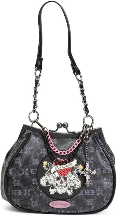 ED HARDY Women’s Kiss Lock Frame Satchel Bag, Tattoo Graphic Top Handle Shoulder Purse, 10 x 6 Inches - sugar skull handbags for sale