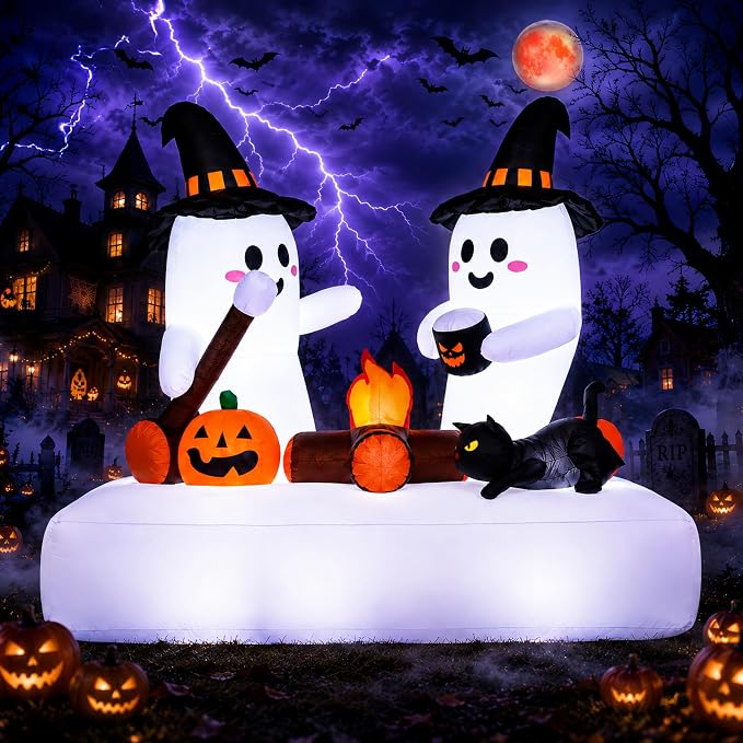 Halloween Inflatables Outdoor Decorations, 5.5FT Blow Up Yard Decorations Twin Ghosts with Campfire Pumpkin Black Cat, Built-in LED Lights, 7 Stakes 3 Hooks for Lawn Porch Party