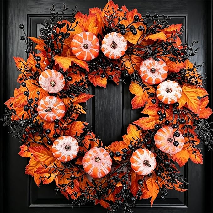 Fall Wreath for Front Door, 24 Inch Autumn Pumpkin Wreath with Maple Leaves Black Berries, Harvest Thanksgiving Halloween Farmhouse Door Wreath Indoor Outdoor Wall Decor - skull wreath