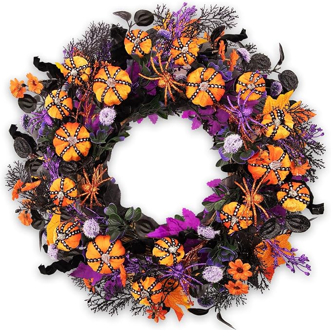 24 Inch Halloween Wreaths for Front Door, Halloween Pumpkin Wreath, Spooky Farmhouse Wreath with Beaded Velvet Pumpkins, Glitter Spiders, Purple & Black Foliage for Indoor Outdoor Home Decor - skull wreath