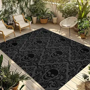 Baroque Style Outdoor Patio Rugs 3 x 5 ft Grey Black Skull Classical Floral Mysterious Iutdoor Outdoor Area Rug Non-Slip Washable Door Mat Carpet for Entryway/Backyard/Porch