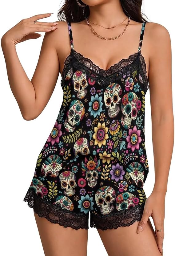 Lace Pajamas Set for Women Plus Size 2 Piece Cami Shorts Set V Neck Soft Lingerie Sleepwear - skull pajamas