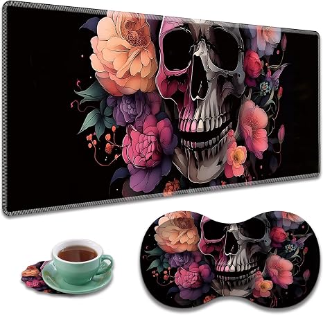 Large Gaming Mouse Pad + Wrist Rest+ Coaster Combo, 31.5 "x 11.8" Durable Non-Slip Extension Table Mat, Suitable for Office and Home, Skull Flower - skull coaster