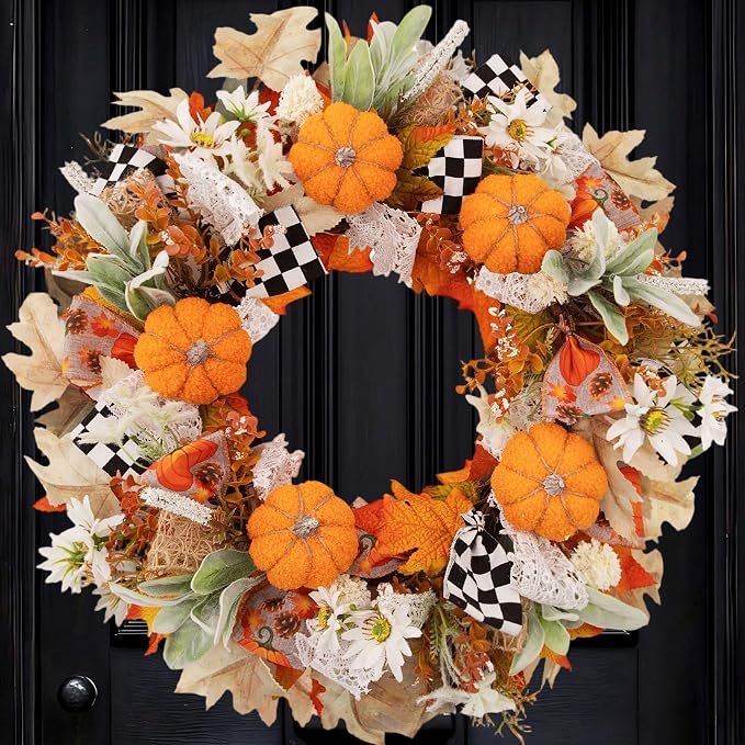 24 Inch Fall & Halloween Wreath for Front Door, Teddy Fleece Pumpkin Grapevine Wreath with Black‑White Checkered Ribbon, Lace, Daisies & Maple Leaves, Farmhouse Decor for Autumn,Thanksgiving,Halloween