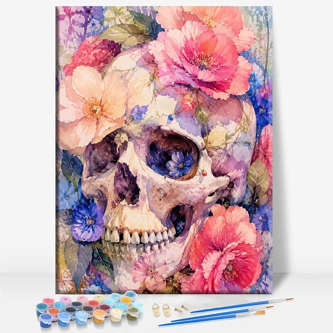 Aeontinity Botanical Skull Gothic Framed Canvas DIY Paint by Numbers Kit Bar Cafe Cave Home Room Wall Bathroom Porch Patio Decor Gift, 16 x 12 Inch