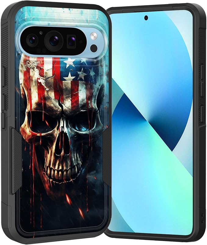 for Pixel 11 Pro XL Case,Dual Layer Hybrid Heavy Duty Rugged Shockproof Hard PC +Soft Silicone Protective Case for Google Pixel 11 Pro XL 6.8 inch 2026,Skull with American Flag - Skull phone case