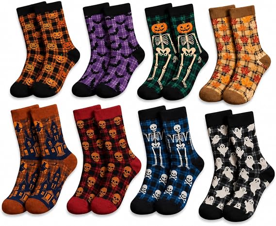Bonuci 8 Pairs Halloween Socks for Women Men Funny Novelty Crew Socks - sugar skull costume