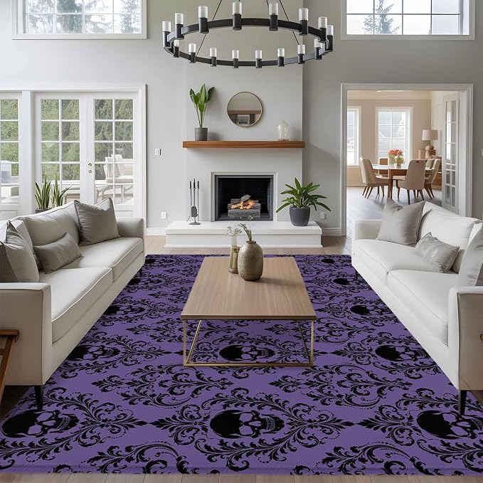 9x12 Purple Black Skulls Area Rug for Living Room Bedroom, Machine Washable Non Slip Indoor Rug Mysterious Fantasy Abstract Floral Skeletons Soft Low Profile Floor Carpet for Dining Room Office Decor - skull carpet